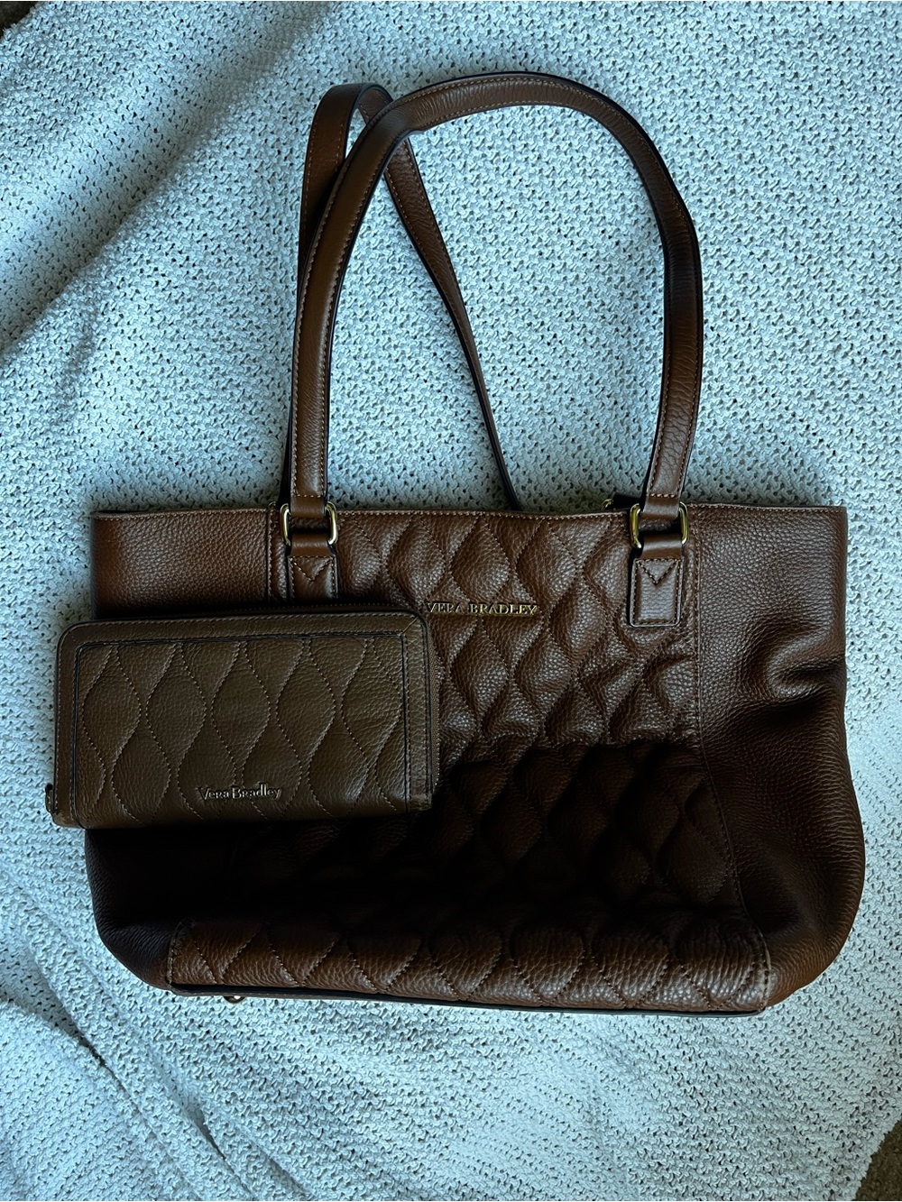 Vera Bradley Quilted Brown Leather Shoulder Tote with Wallet